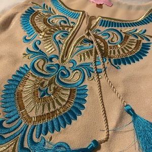 Lilly Pulitzer tan shift dress with teal embroidery